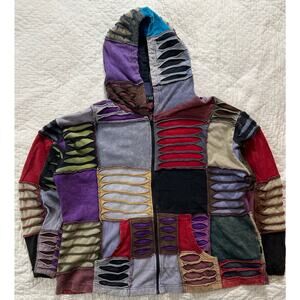 VTG 90s Rising International DNA Jacket XL-2XL Patchwork Hoodie Boho Hippie